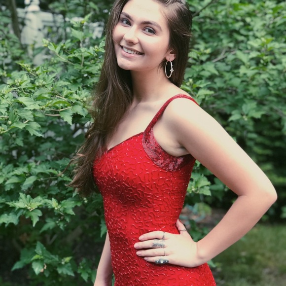 Fully Beaded Red Prom Gown - Picture 2 of 4